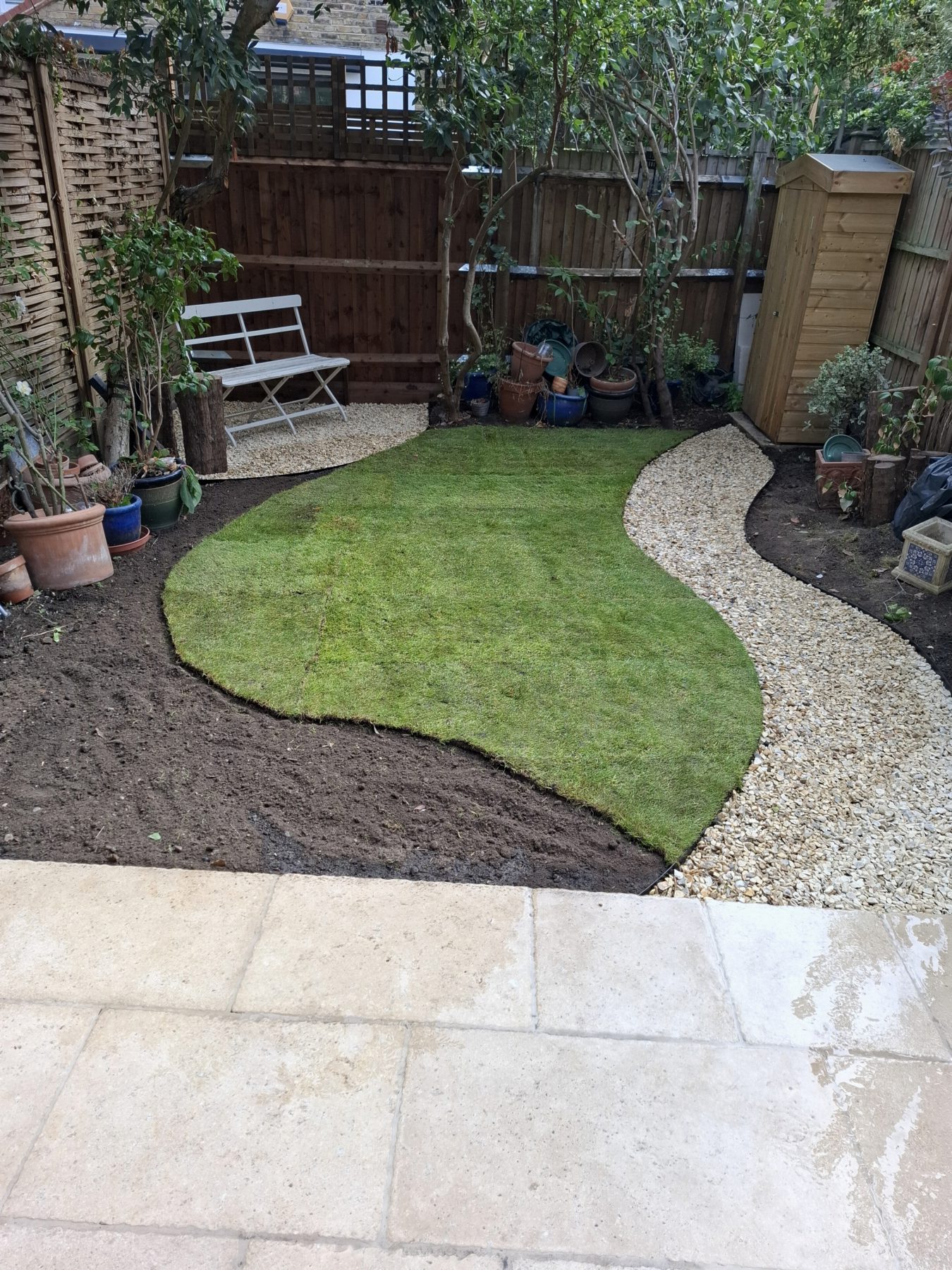 Gravel path, new lawn